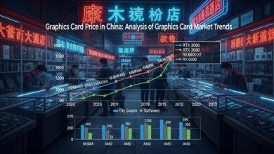 Neon-lit electronics store with graphics card analysis chart.