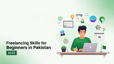 AI tools and digital marketing icons illustrating freelancing in Pakistan.